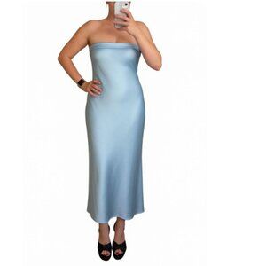 Pastel Blue Satin Backless Strapless Maxi Dress